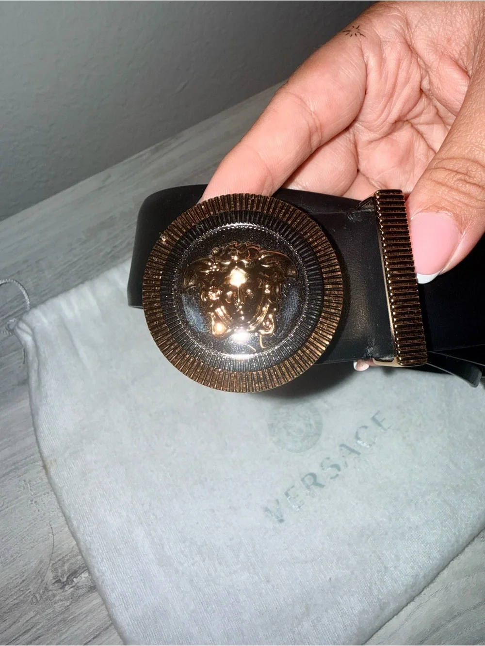 Versace Black Leather Belt with Gold Medusa Round Buckle